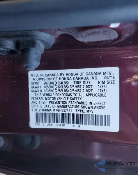 2016 Honda Cr-V Se from USA, damaged, VIN 2HKRM4H47GH657451